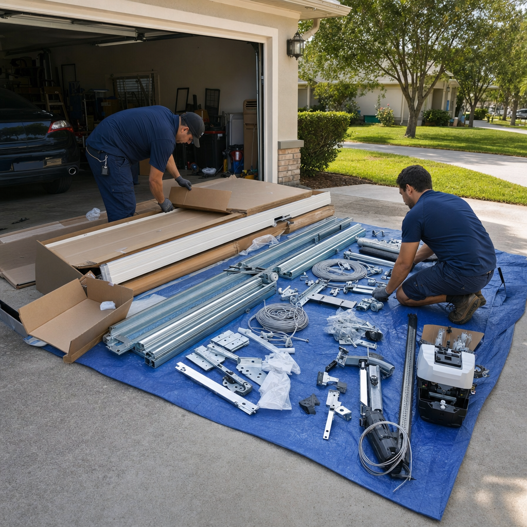 Garage door installation parts spread out with workers unpacking