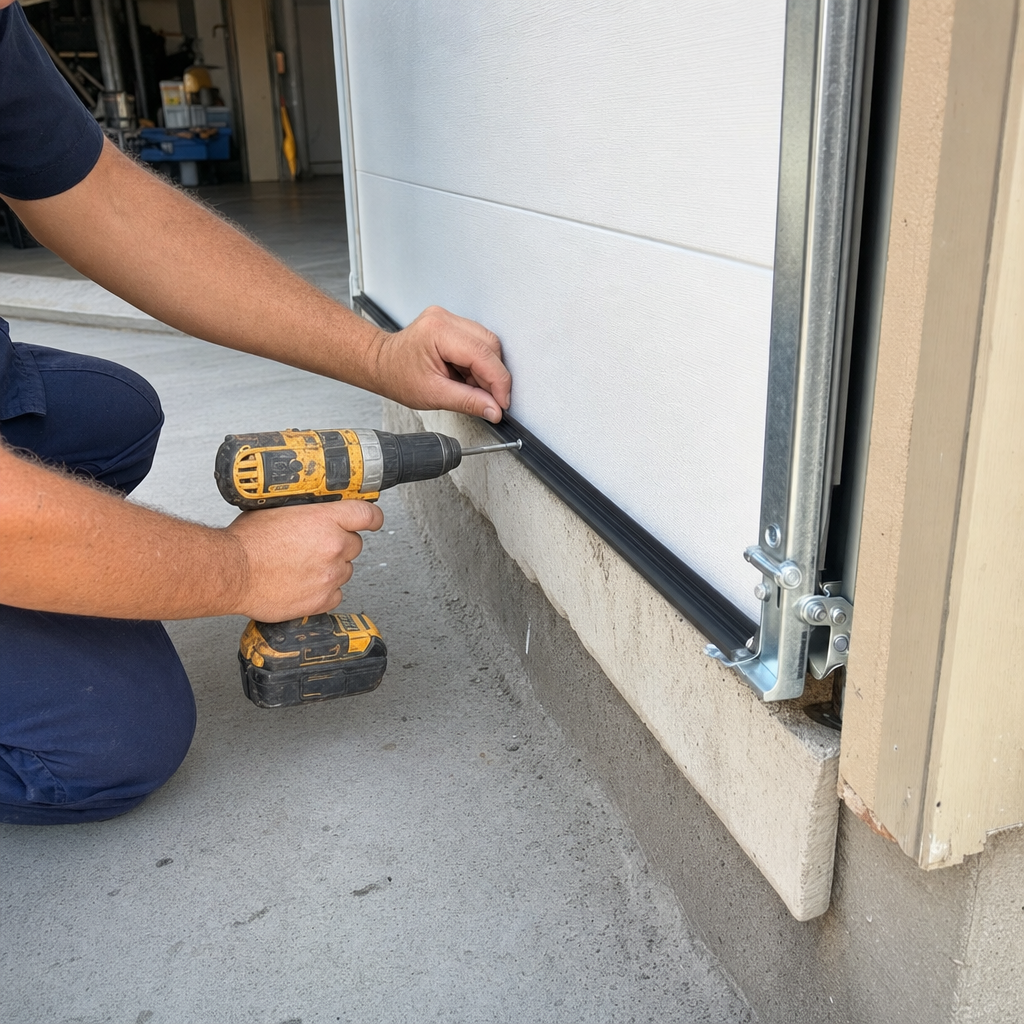 Technician installing garage door bottom seal with drill