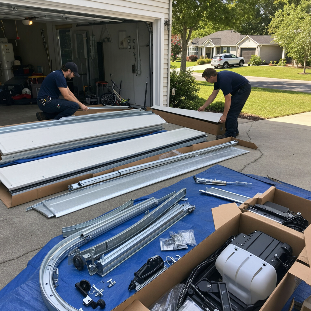 Garage door installation parts laid out for a new garage door