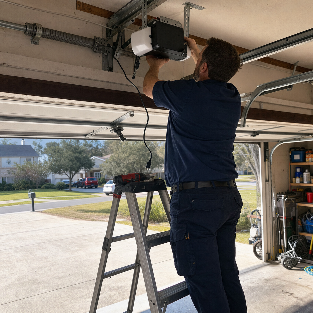 Technician installing garage door opener on a ladder