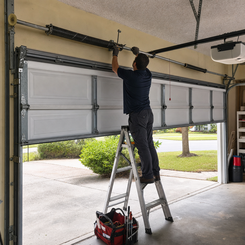 Garage door repair technician working on torsion spring