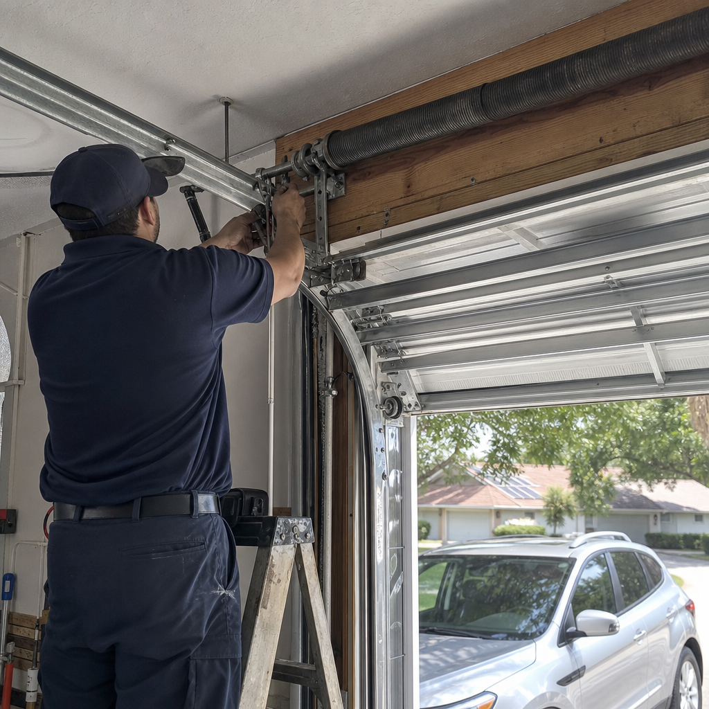 Technician performing emergency garage door service on overhead door mechanism in Green Cove Springs, FL
