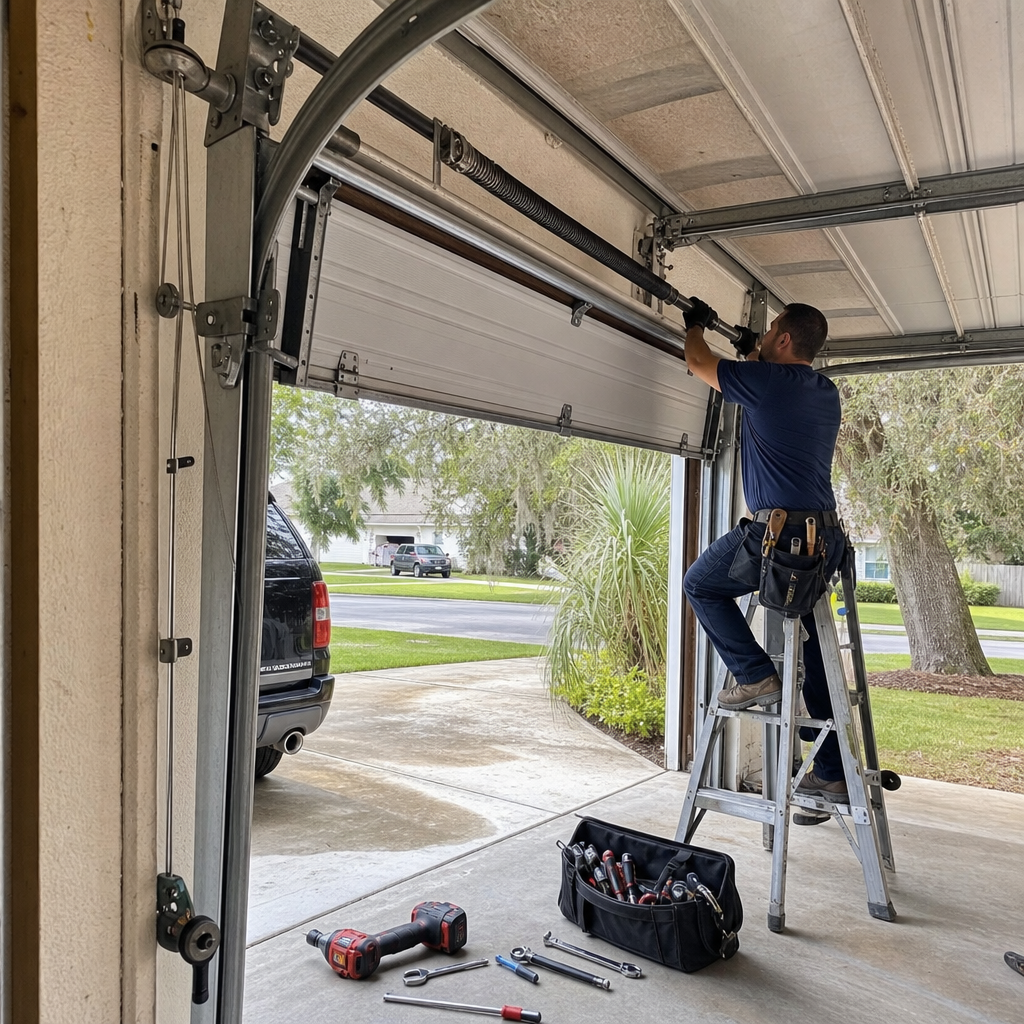 Garage door technician repairs garage door spring in Green Cove Springs, FL