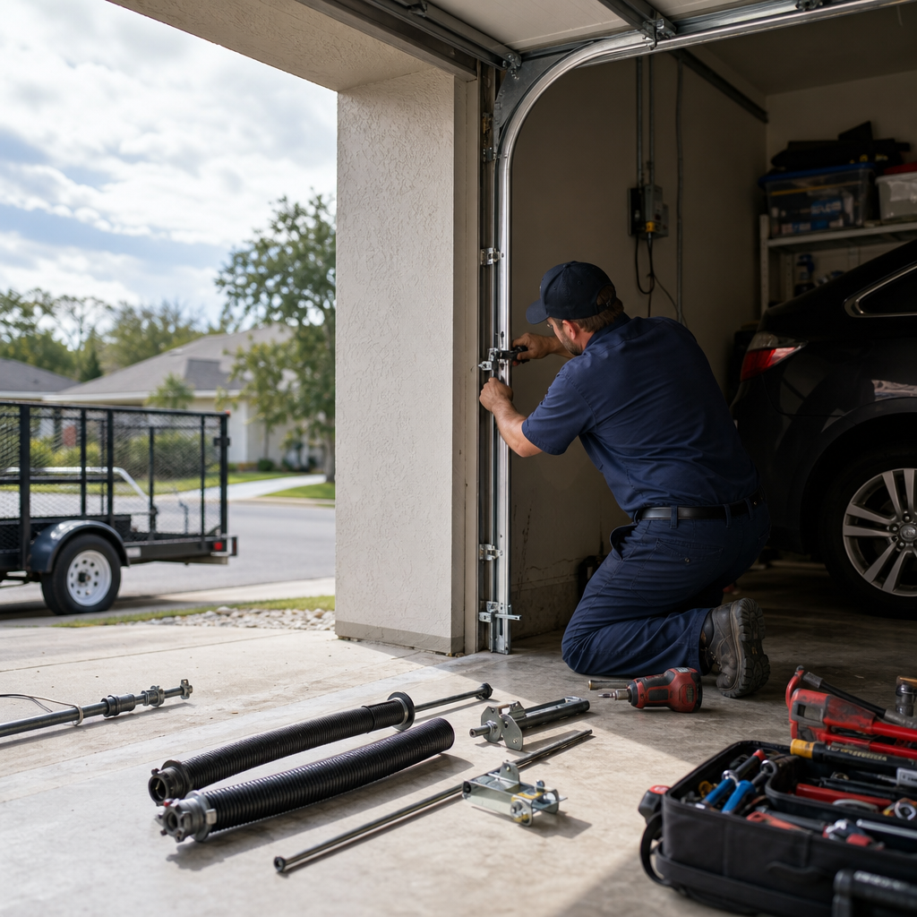 Garage door technician working on parts with tools nearby in Asbury Lake, FL