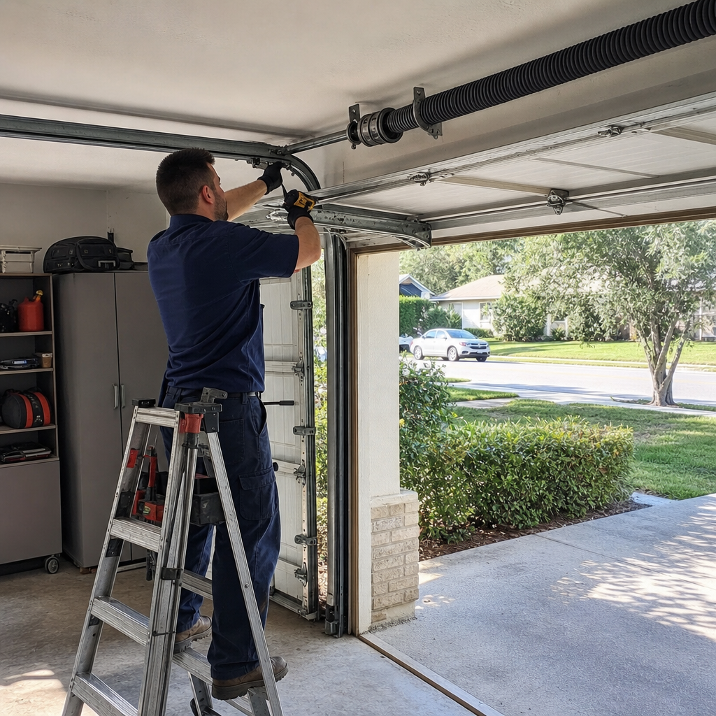 Garage door parts repair by technician on ladder. in Green Cove Springs, FL